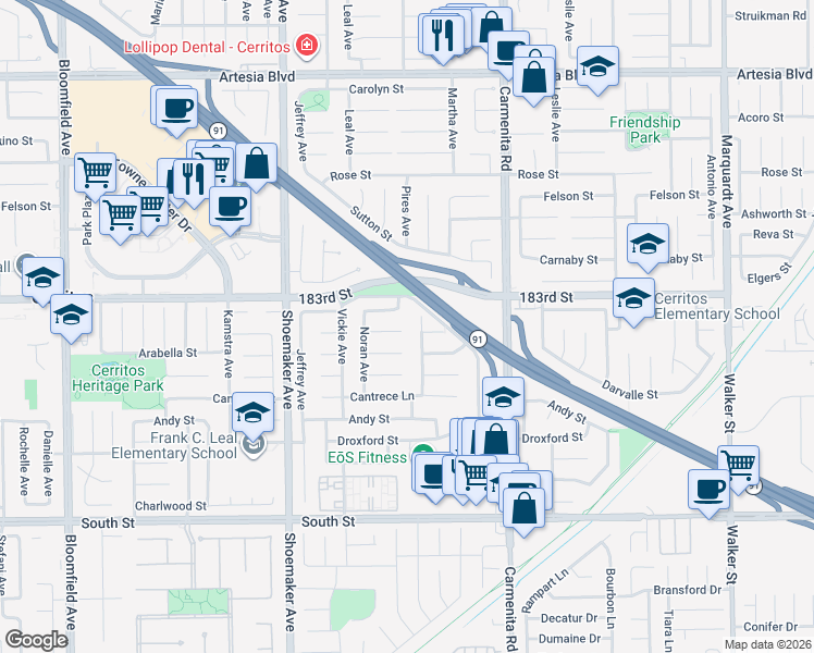 map of restaurants, bars, coffee shops, grocery stores, and more near 13177 Hedda Drive in Cerritos
