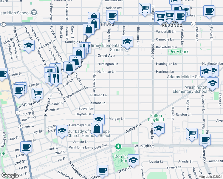 map of restaurants, bars, coffee shops, grocery stores, and more near 1902 Marshallfield Lane in Redondo Beach
