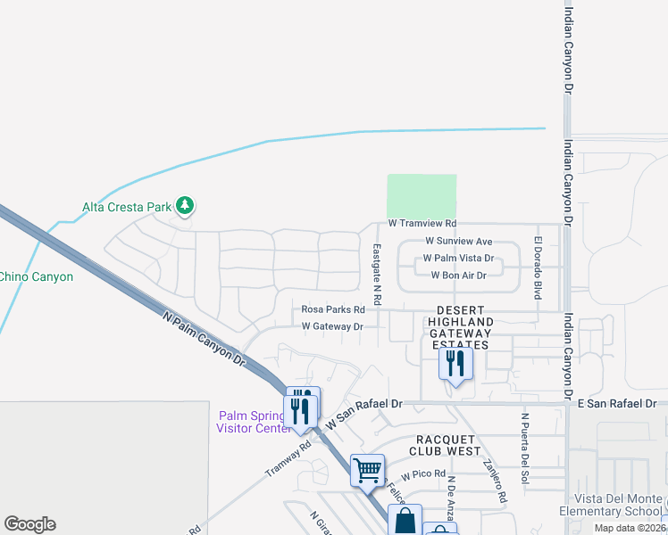 map of restaurants, bars, coffee shops, grocery stores, and more near 701 Alta Ridge in Palm Springs