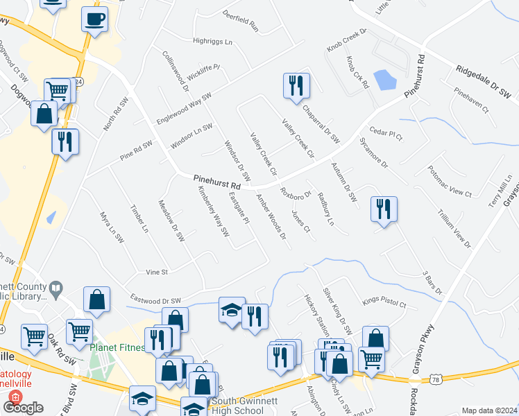 map of restaurants, bars, coffee shops, grocery stores, and more near 2297 Amber Woods Drive in Snellville