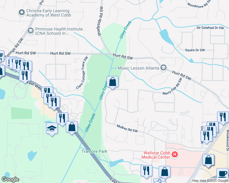 map of restaurants, bars, coffee shops, grocery stores, and more near 2082 Mulkey Road Southwest in Marietta