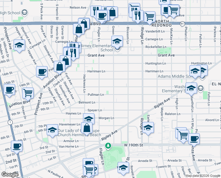 map of restaurants, bars, coffee shops, grocery stores, and more near 1918 Marshallfield Lane in Redondo Beach