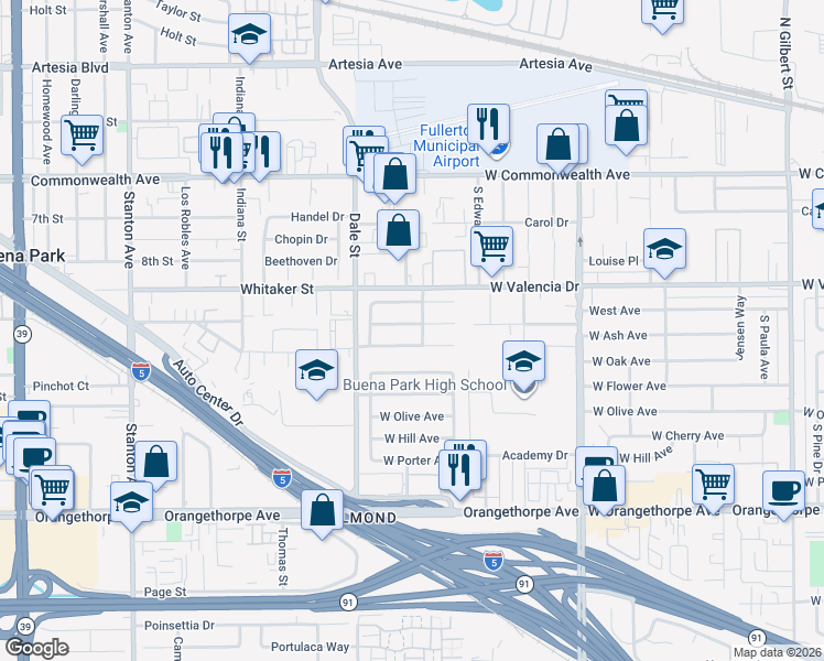 map of restaurants, bars, coffee shops, grocery stores, and more near 4206 Franklin Avenue in Fullerton
