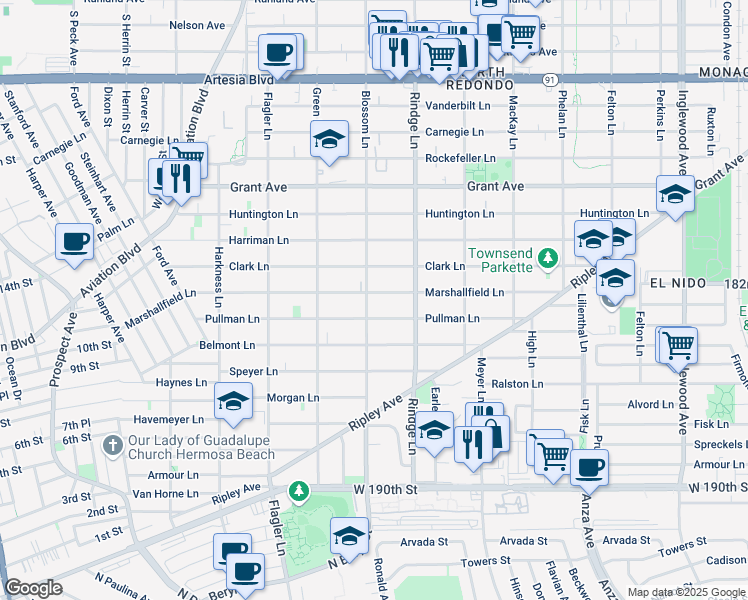 map of restaurants, bars, coffee shops, grocery stores, and more near 2102 Marshallfield Lane in Redondo Beach