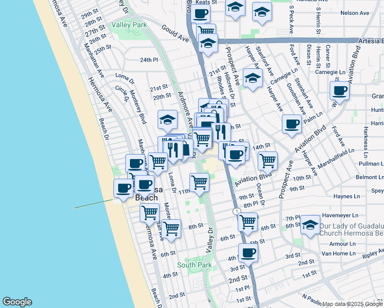 map of restaurants, bars, coffee shops, grocery stores, and more near 565 Pier Avenue in Hermosa Beach