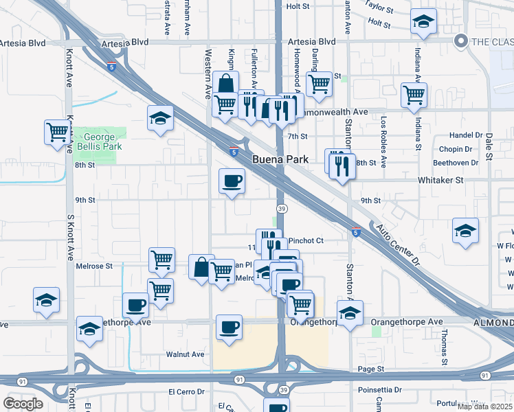 map of restaurants, bars, coffee shops, grocery stores, and more near 7699 9th Street in Buena Park