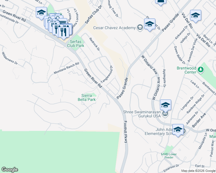 map of restaurants, bars, coffee shops, grocery stores, and more near 1591 San Fernando Drive in Corona