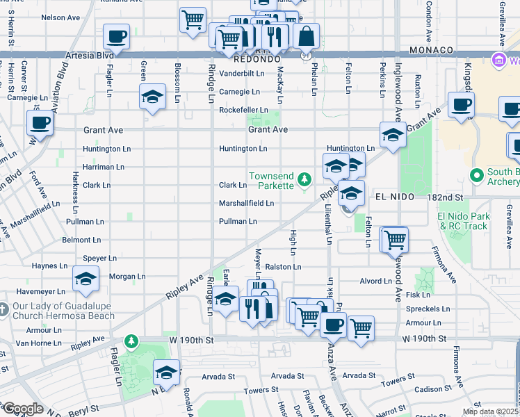 map of restaurants, bars, coffee shops, grocery stores, and more near 2313 Marshallfield Lane in Redondo Beach