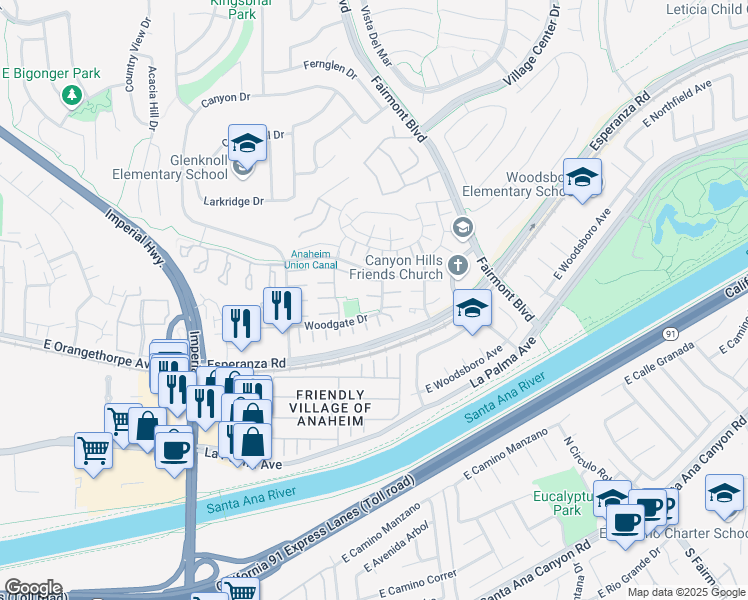 map of restaurants, bars, coffee shops, grocery stores, and more near 20162 Westwind Court in Yorba Linda