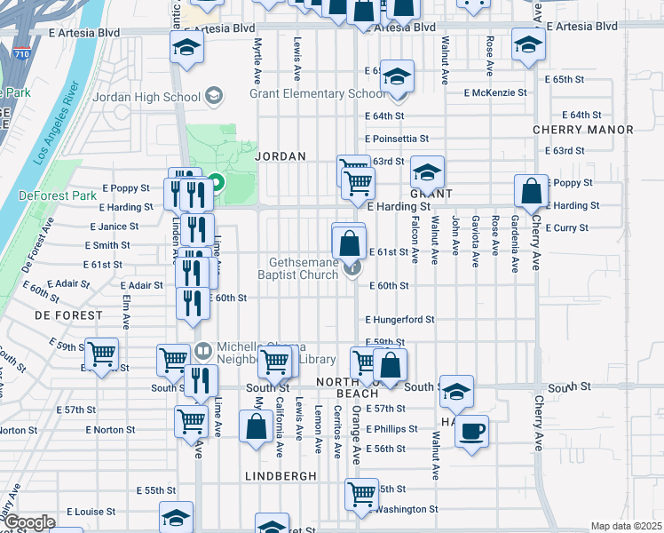 map of restaurants, bars, coffee shops, grocery stores, and more near 6096 Lemon Avenue in Long Beach