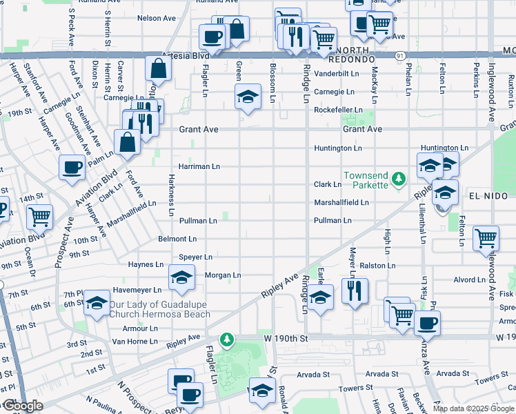 map of restaurants, bars, coffee shops, grocery stores, and more near 2012 Marshallfield Lane in Redondo Beach