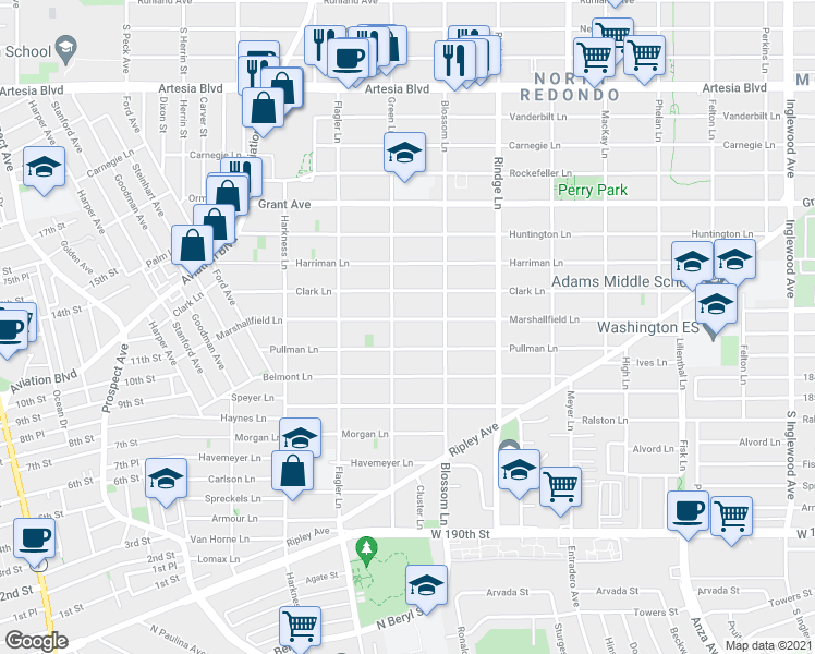 map of restaurants, bars, coffee shops, grocery stores, and more near 2006 Marshallfield Lane in Redondo Beach