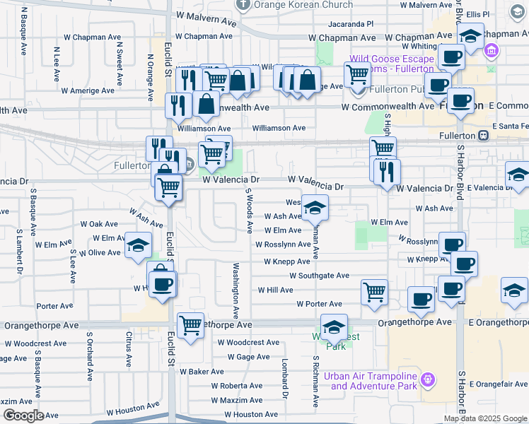 map of restaurants, bars, coffee shops, grocery stores, and more near 625 West Ash Avenue in Fullerton