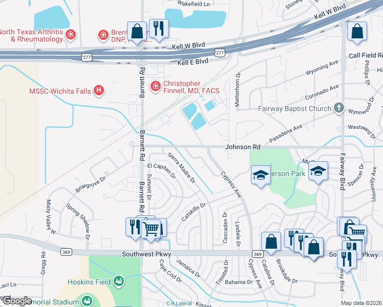 map of restaurants, bars, coffee shops, grocery stores, and more near 4501 Spanish Trace in Wichita Falls