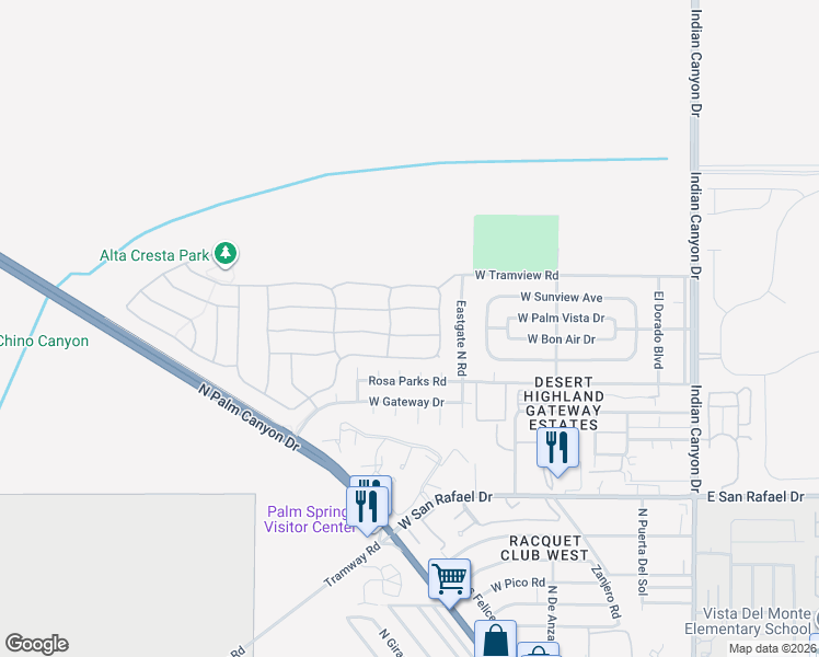 map of restaurants, bars, coffee shops, grocery stores, and more near 701 Alta Ridge in Palm Springs
