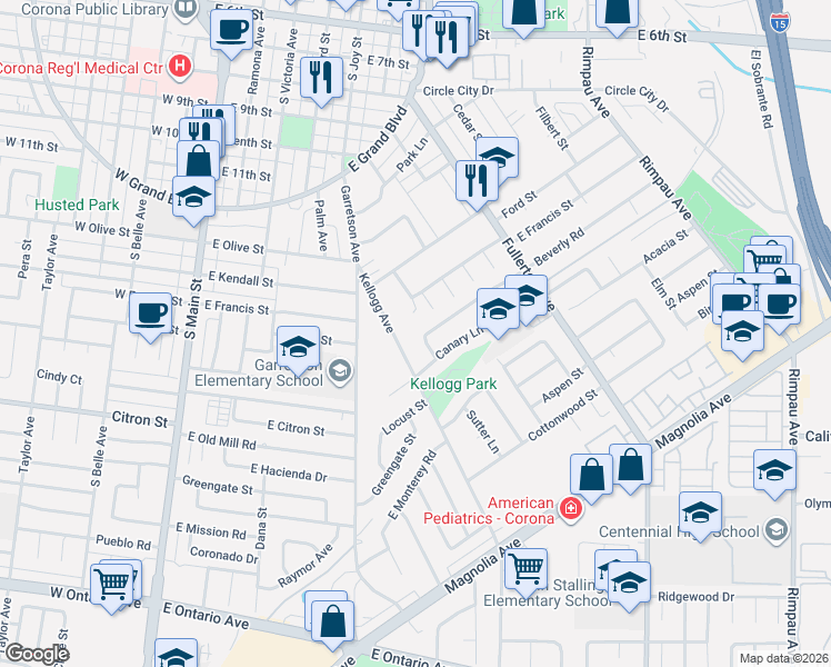 map of restaurants, bars, coffee shops, grocery stores, and more near 1268 Mulberry Lane in Corona