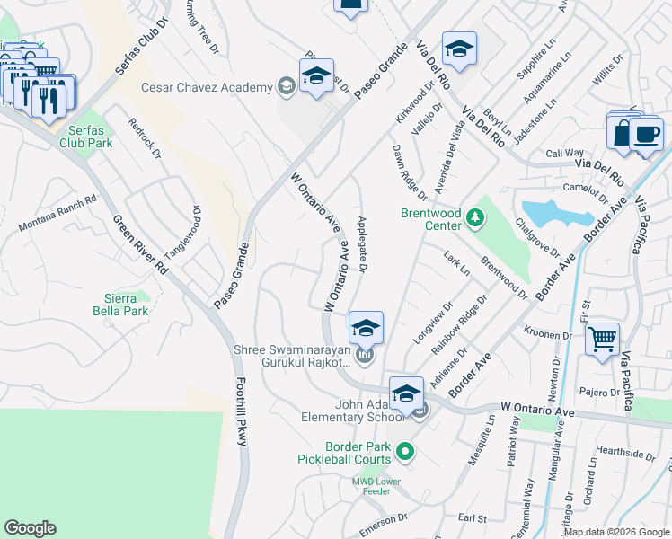 map of restaurants, bars, coffee shops, grocery stores, and more near 2105 West Ontario Avenue in Corona