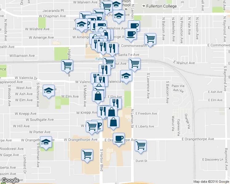 map of restaurants, bars, coffee shops, grocery stores, and more near 139 East Ash Avenue in Fullerton
