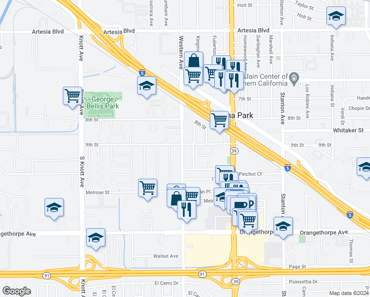 map of restaurants, bars, coffee shops, grocery stores, and more near 7541 9th Street in Buena Park