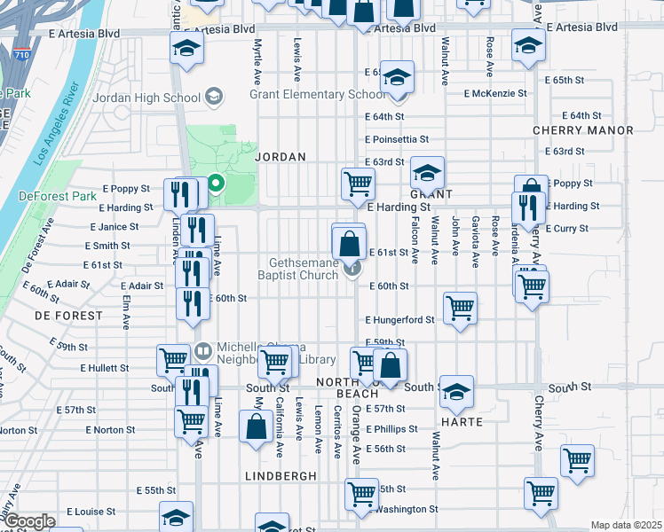 map of restaurants, bars, coffee shops, grocery stores, and more near 6096 Lemon Avenue in Long Beach
