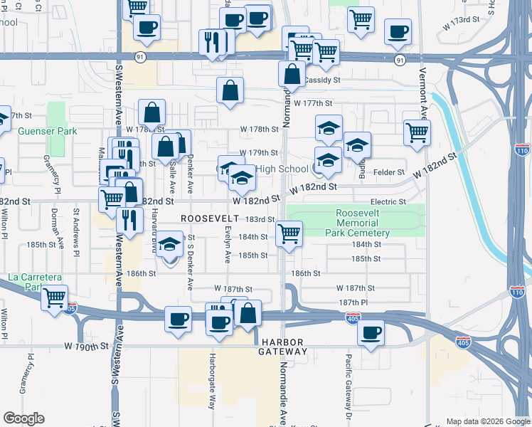 map of restaurants, bars, coffee shops, grocery stores, and more near 1426 West 182nd Street in Gardena
