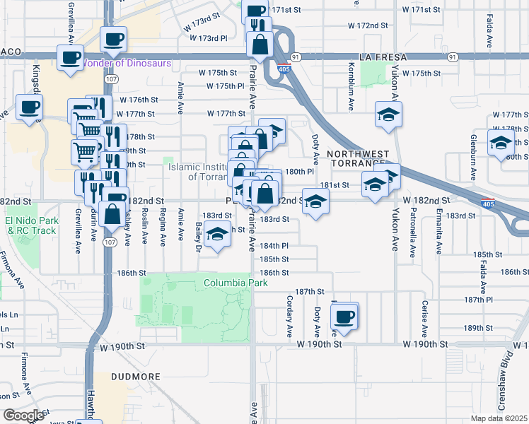 map of restaurants, bars, coffee shops, grocery stores, and more near 3944 West 182nd Street in Torrance