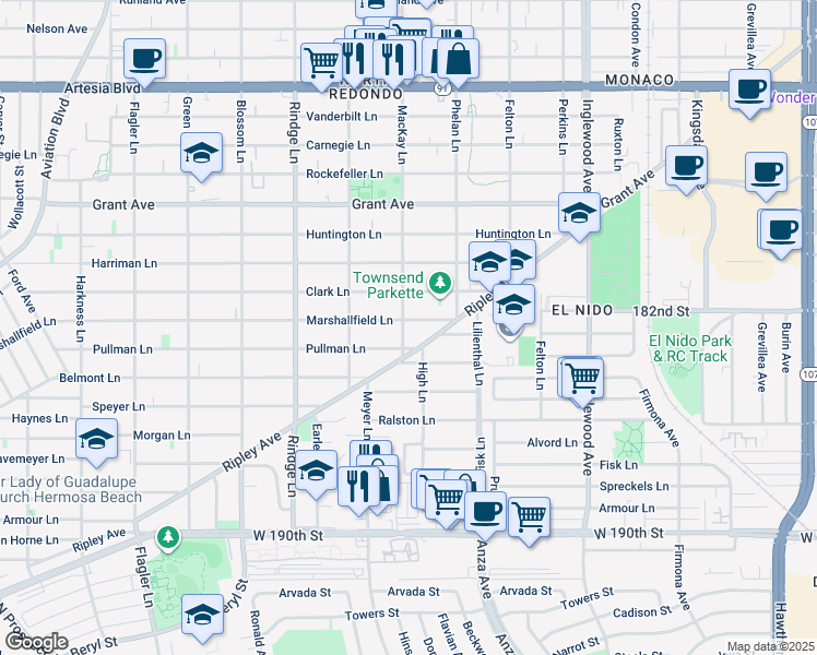 map of restaurants, bars, coffee shops, grocery stores, and more near 2405 Marshallfield Lane in Redondo Beach