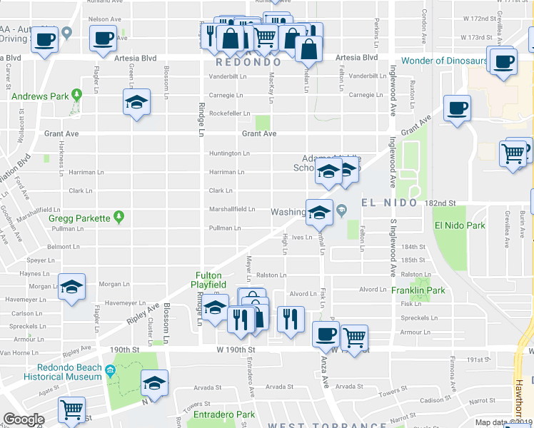 map of restaurants, bars, coffee shops, grocery stores, and more near 2313 Marshallfield Lane in Redondo Beach