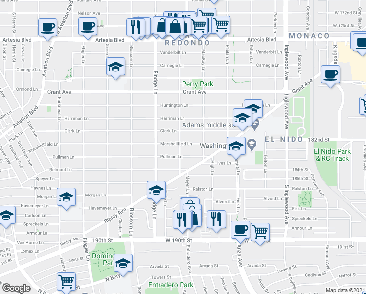 map of restaurants, bars, coffee shops, grocery stores, and more near 2219 Marshallfield Lane in Redondo Beach