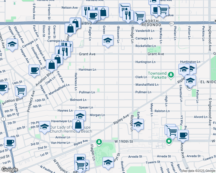 map of restaurants, bars, coffee shops, grocery stores, and more near 1207 Green Lane in Redondo Beach