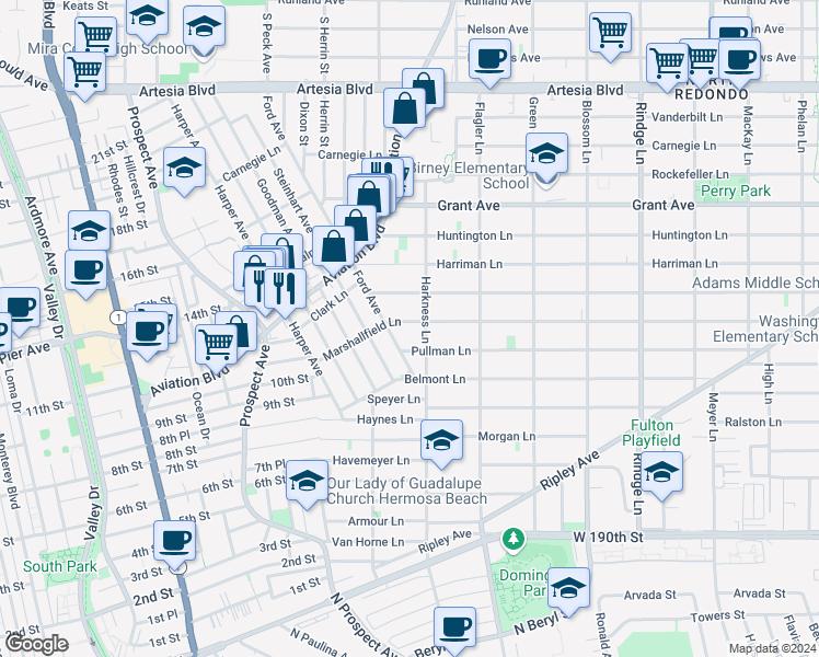 map of restaurants, bars, coffee shops, grocery stores, and more near 1717 Marshallfield Lane in Redondo Beach