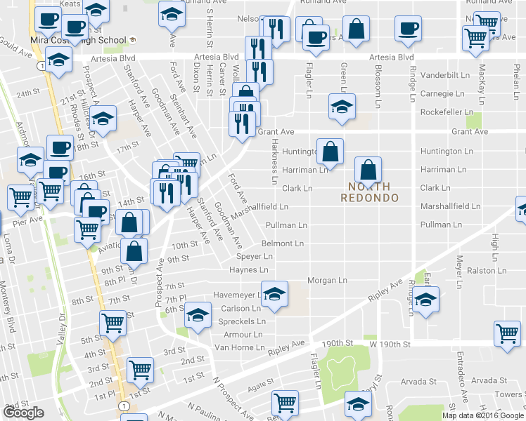 map of restaurants, bars, coffee shops, grocery stores, and more near 1717 Marshallfield Lane in Redondo Beach
