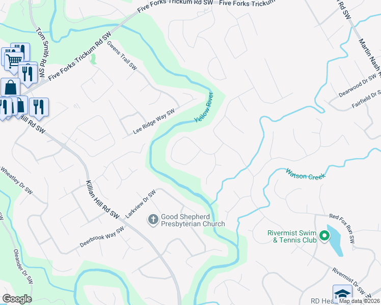map of restaurants, bars, coffee shops, grocery stores, and more near 3940 Windhurst Drive Southwest in Lilburn