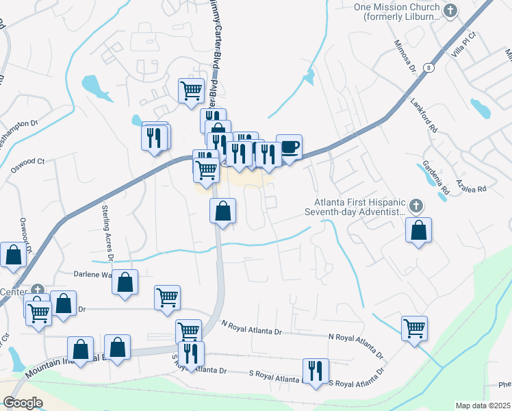 map of restaurants, bars, coffee shops, grocery stores, and more near 712 Arbor Circle in Tucker