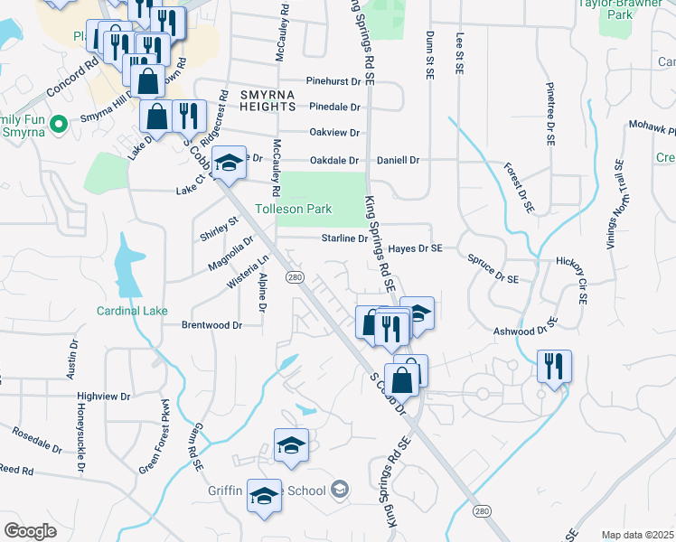 map of restaurants, bars, coffee shops, grocery stores, and more near 604 Basset Court Southeast in Smyrna
