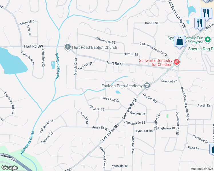 map of restaurants, bars, coffee shops, grocery stores, and more near 202 Oak Forest Drive in Smyrna