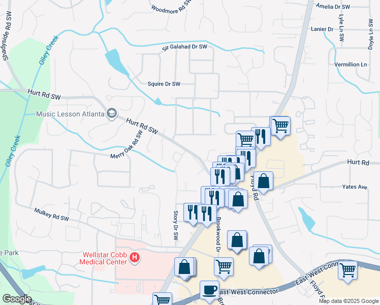 map of restaurants, bars, coffee shops, grocery stores, and more near 1598 Hurt Road Southwest in Marietta