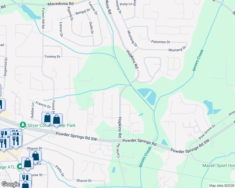 map of restaurants, bars, coffee shops, grocery stores, and more near 3660 Hopkins Road in Powder Springs