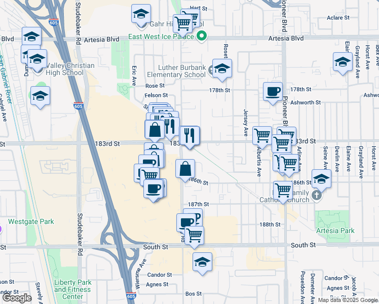 map of restaurants, bars, coffee shops, grocery stores, and more near 18300 Gridley Road in Artesia
