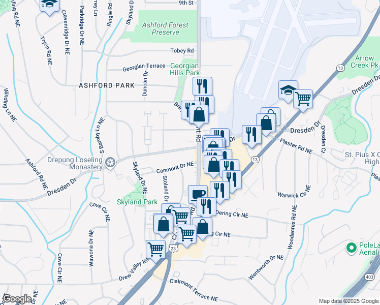 map of restaurants, bars, coffee shops, grocery stores, and more near 1951 Dresden Drive in Atlanta