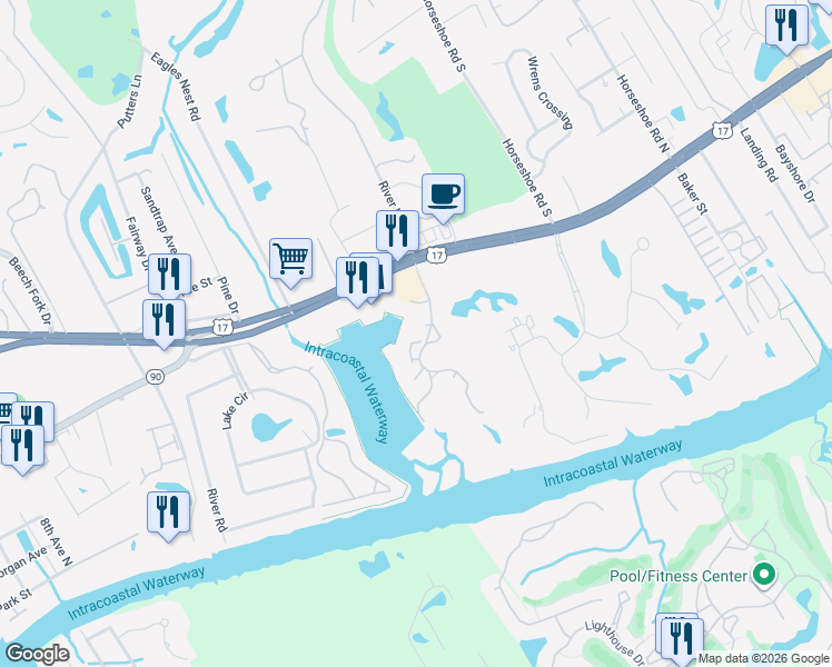 map of restaurants, bars, coffee shops, grocery stores, and more near 4220 Coquina Harbour Drive in Little River