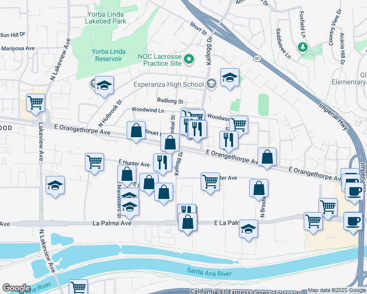 map of restaurants, bars, coffee shops, grocery stores, and more near E Orangethorpe Ave & Kellogg Dr in Anaheim