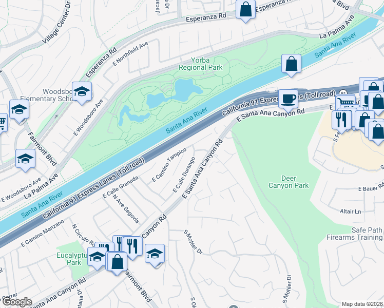 map of restaurants, bars, coffee shops, grocery stores, and more near 7685 East Calle Durango in Anaheim