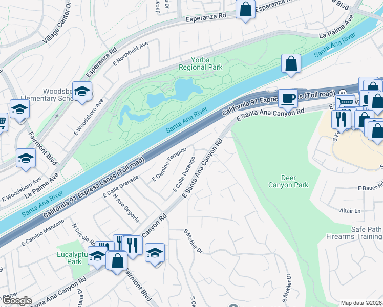 map of restaurants, bars, coffee shops, grocery stores, and more near 7685 East Calle Durango in Anaheim