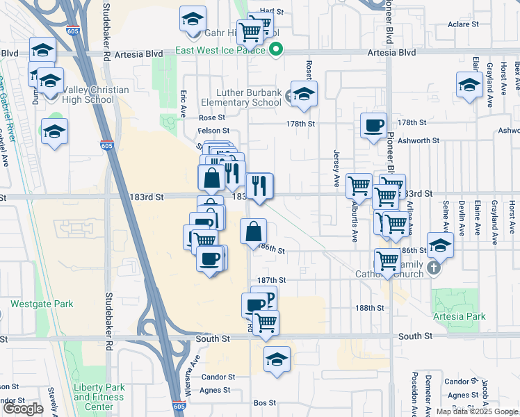 map of restaurants, bars, coffee shops, grocery stores, and more near 18300 Gridley Road in Artesia