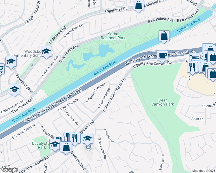 map of restaurants, bars, coffee shops, grocery stores, and more near 7695 East Camino Tampico in Anaheim