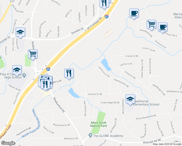 map of restaurants, bars, coffee shops, grocery stores, and more near 2665 Hawthorne Cove Northeast in Atlanta