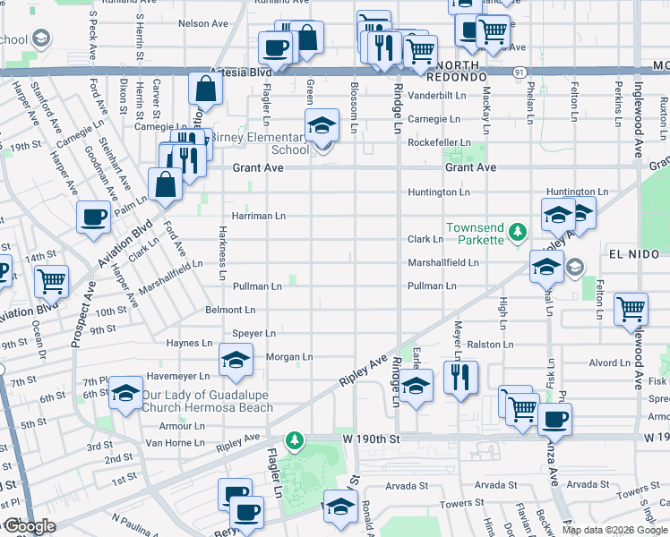 map of restaurants, bars, coffee shops, grocery stores, and more near 2012 Marshallfield Lane in Redondo Beach