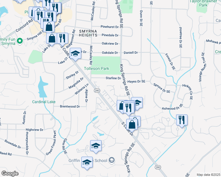 map of restaurants, bars, coffee shops, grocery stores, and more near 604 Basset Court Southeast in Smyrna