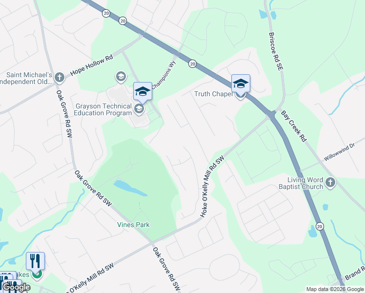 map of restaurants, bars, coffee shops, grocery stores, and more near 3204 Hideaway Lane in Loganville